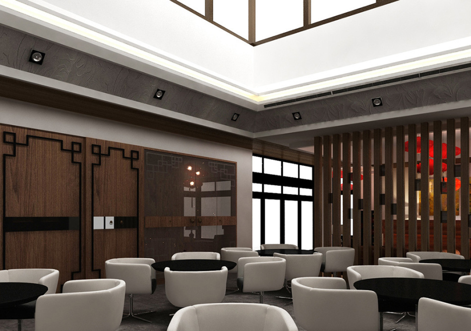 东方风格用餐区与厨房设计效果图